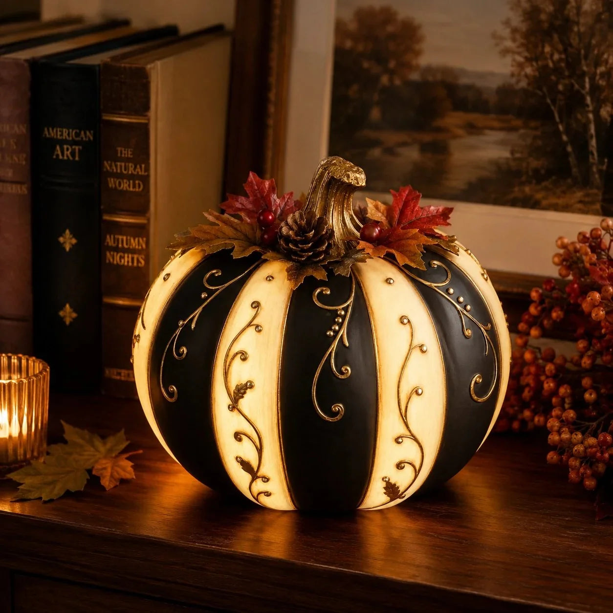 Lighted Black and Ivory Pumpkin Halloween Decor with Remote Control
