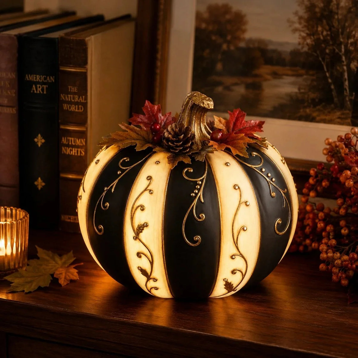 Lighted Black and Ivory Pumpkin Halloween Decor with Remote Control