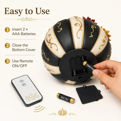 Lighted Black and Ivory Pumpkin Halloween Decor with Remote Control