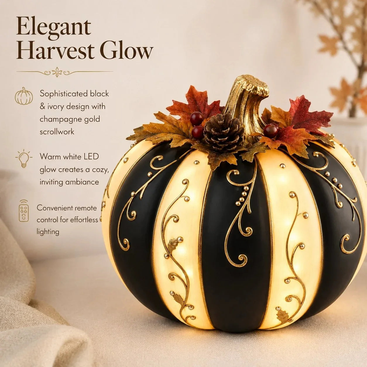 Lighted Black and Ivory Pumpkin Halloween Decor with Remote Control