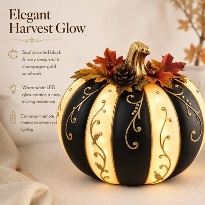 Lighted Black and Ivory Pumpkin Halloween Decor with Remote Control