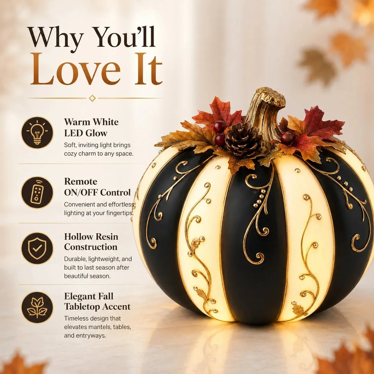 Lighted Black and Ivory Pumpkin Halloween Decor with Remote Control