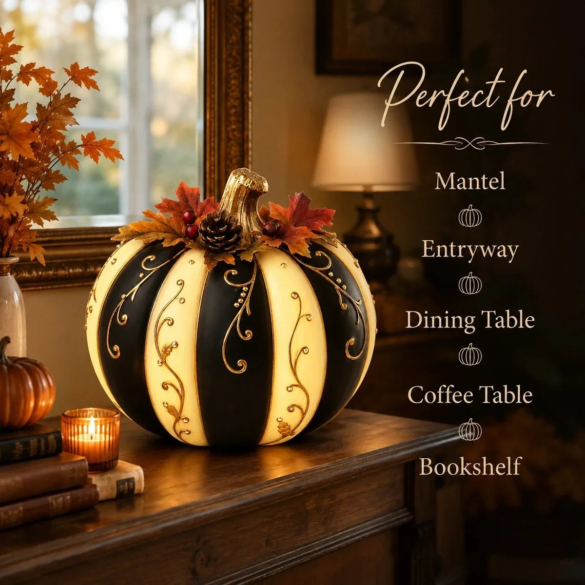 Lighted Black and Ivory Pumpkin Halloween Decor with Remote Control