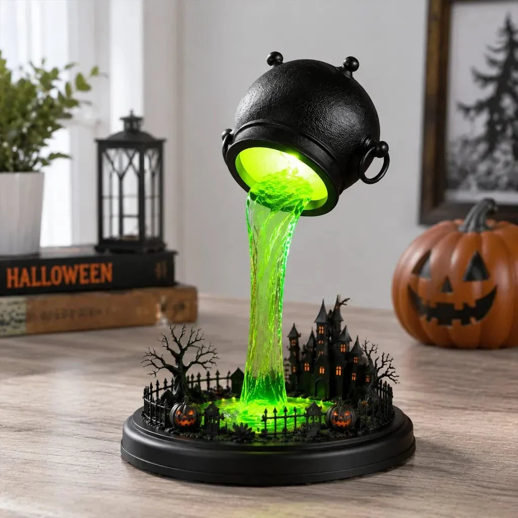 Decorative Glowing Witch Cauldron Desk Lamp – Spilling Green Magic