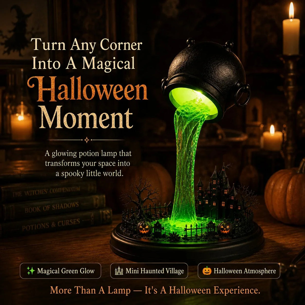 Decorative Glowing Witch Cauldron Desk Lamp – Spilling Green Magic