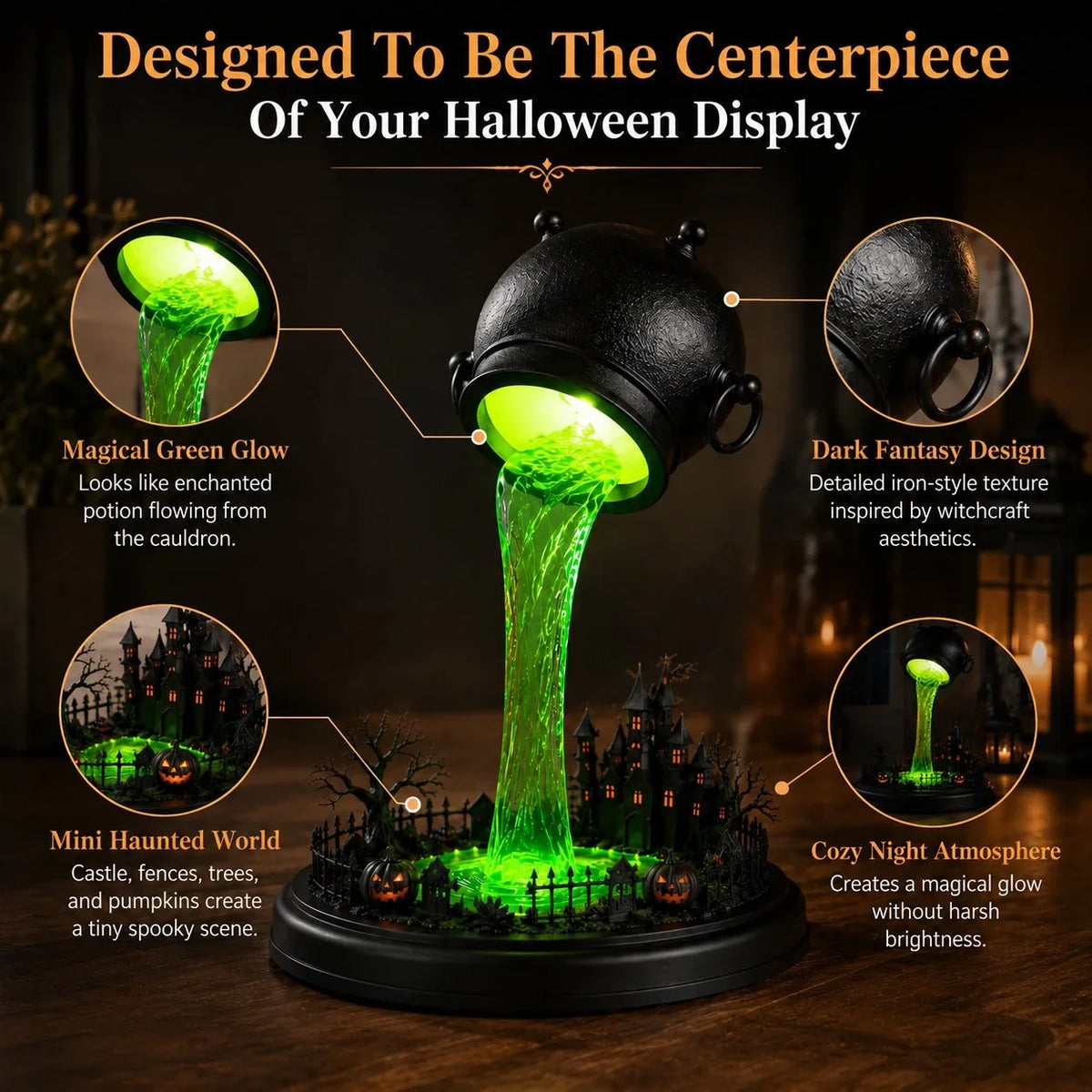 Decorative Glowing Witch Cauldron Desk Lamp – Spilling Green Magic