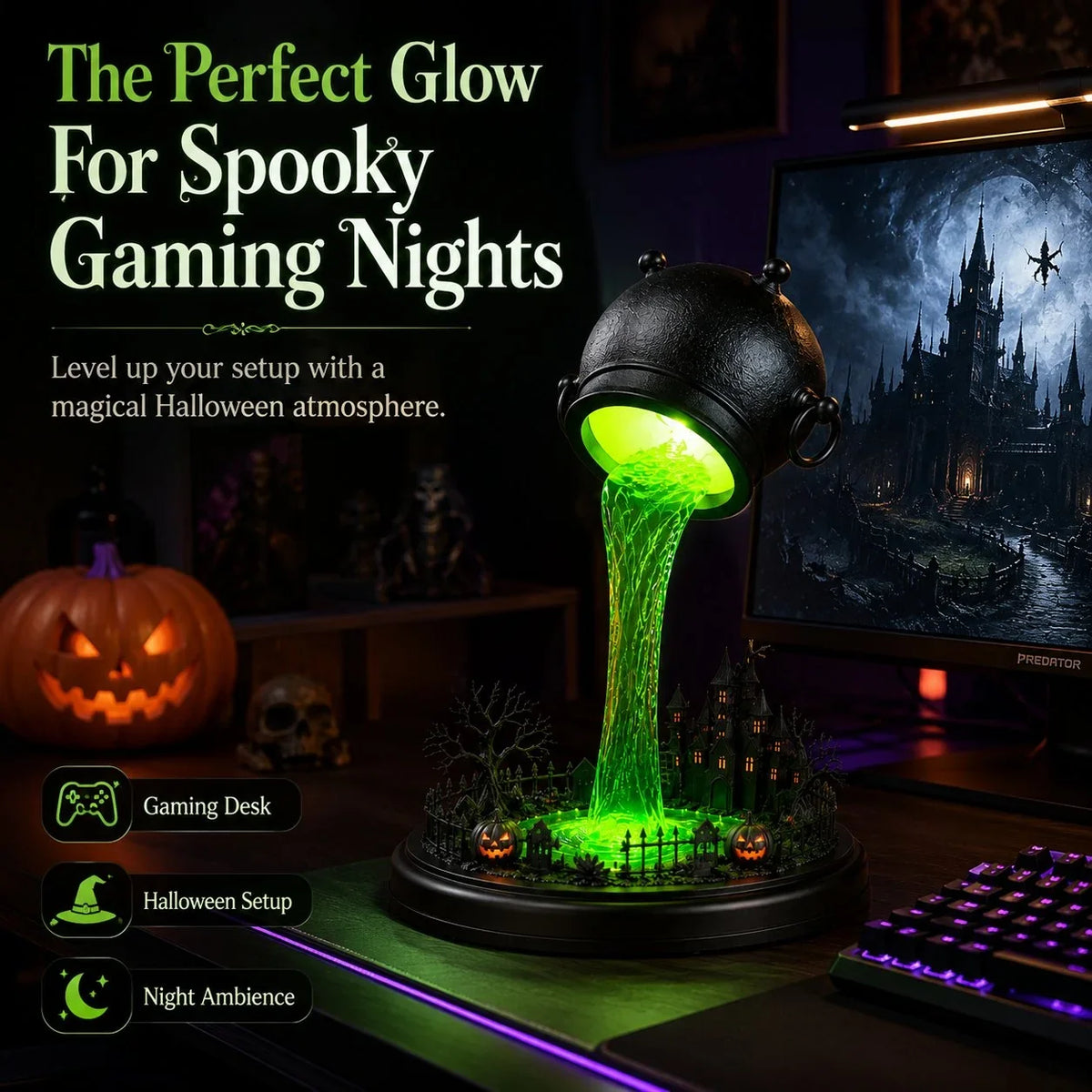 Decorative Glowing Witch Cauldron Desk Lamp – Spilling Green Magic