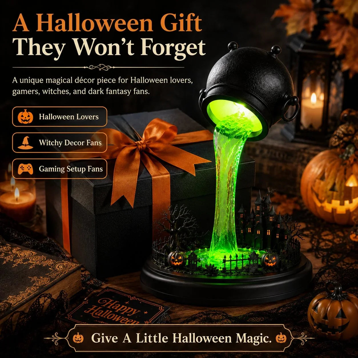 Decorative Glowing Witch Cauldron Desk Lamp – Spilling Green Magic