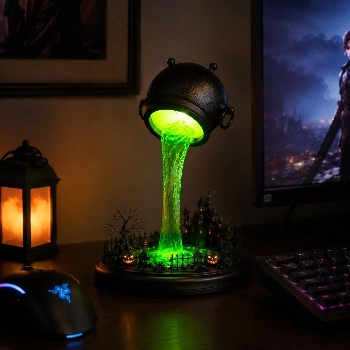 Decorative Glowing Witch Cauldron Desk Lamp – Spilling Green Magic