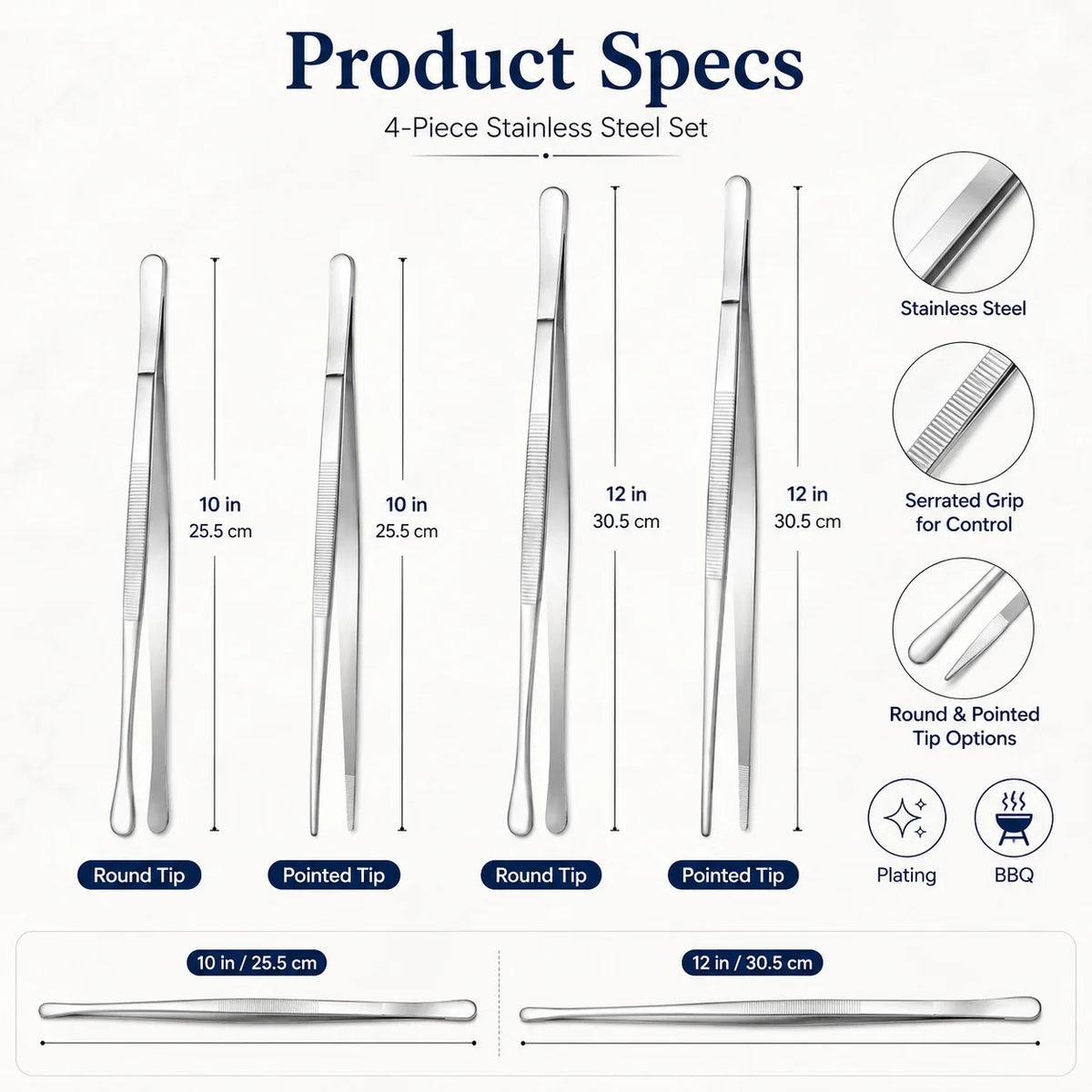 Purpose-Built Fine Long Tweezer Tongs Professional Black Set,12'' and