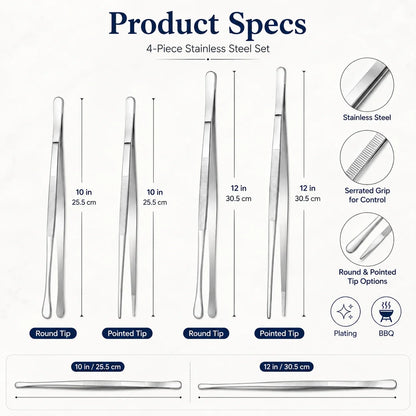 Purpose-Built Fine Long Tweezer Tongs Professional Black Set,12'' and