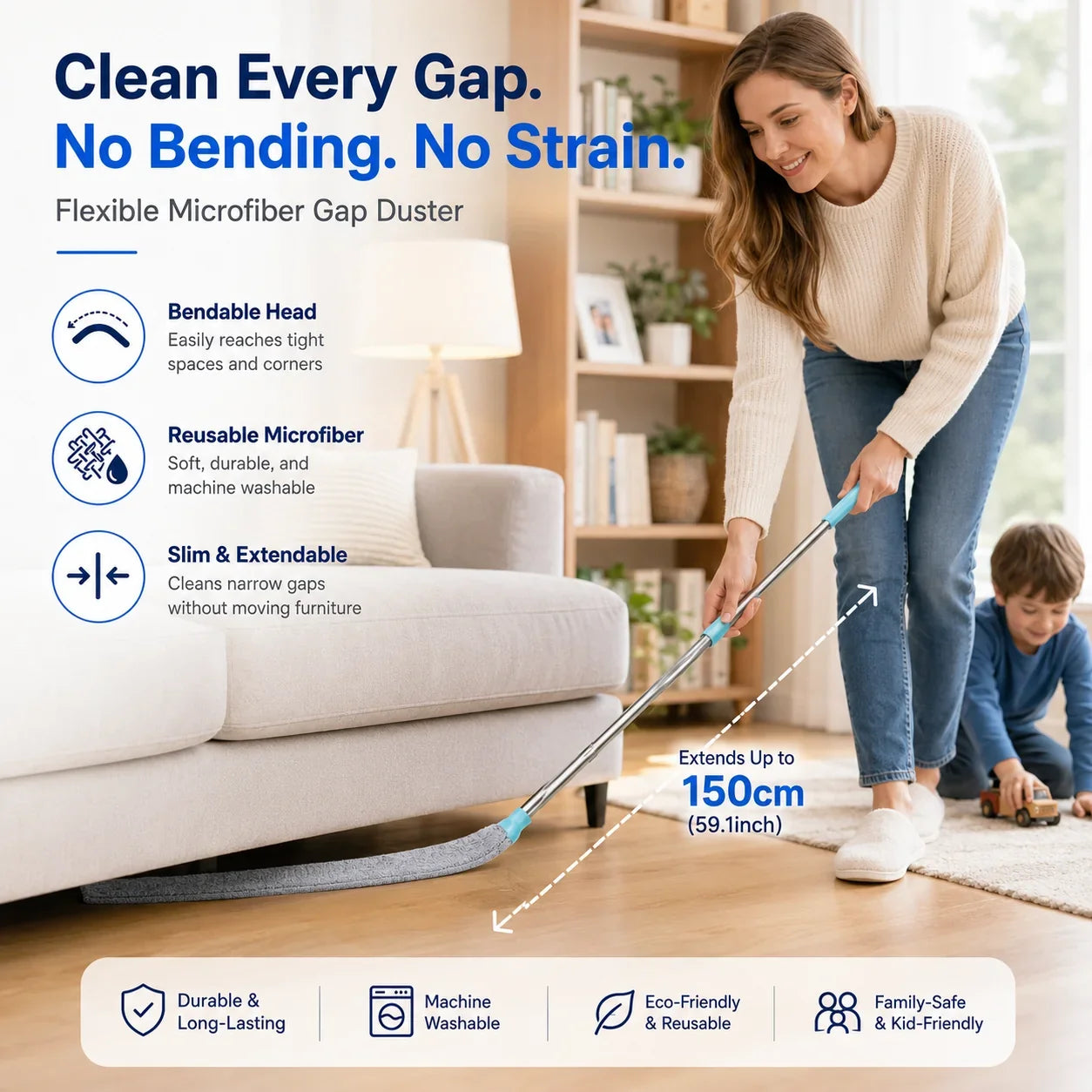 Slim Bendable Duster for Gaps Beneath Furniture and Appliances