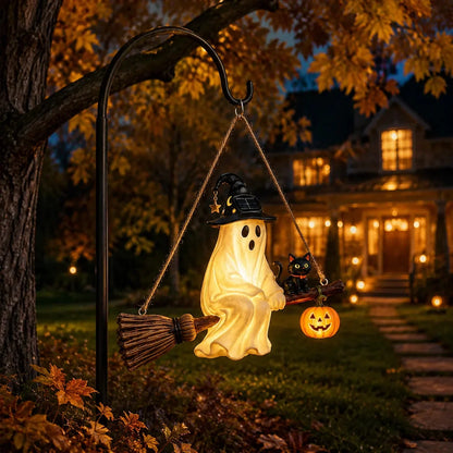 Hanging Solar Ghost Lantern for a Warm Halloween Porch Glow