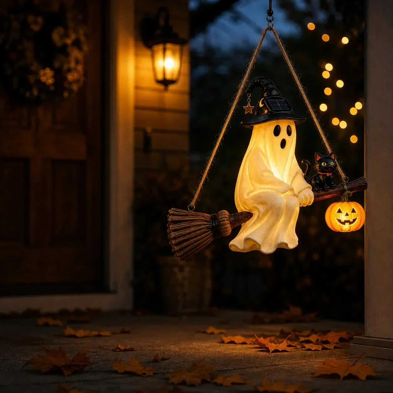 Hanging Solar Ghost Lantern for a Warm Halloween Porch Glow
