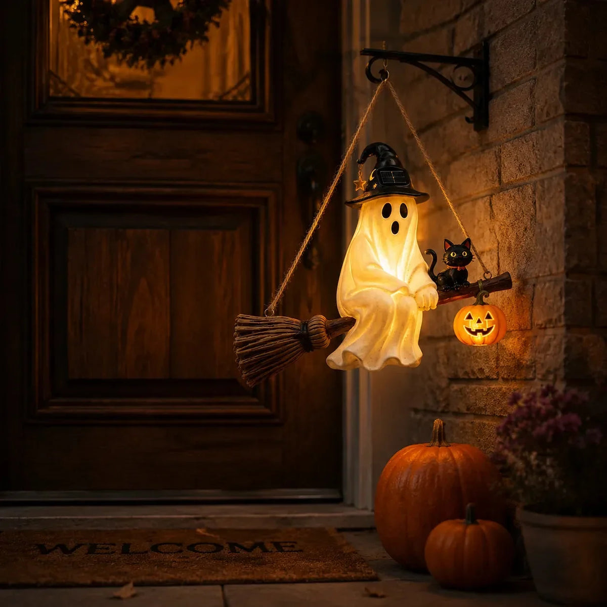 Hanging Solar Ghost Lantern for a Warm Halloween Porch Glow
