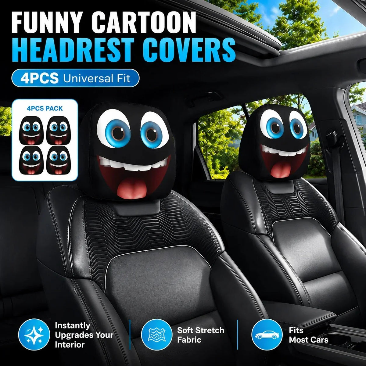 Big-Eyed Cartoon Car Headrest Covers - 2-Piece Set