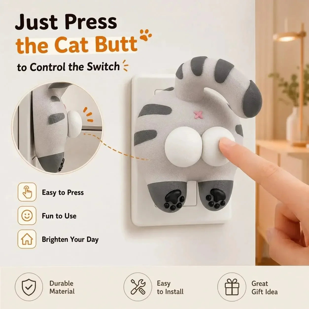 Decorative Funny Cat Butt Light Switch Cover, 3D Double Rocker Decor