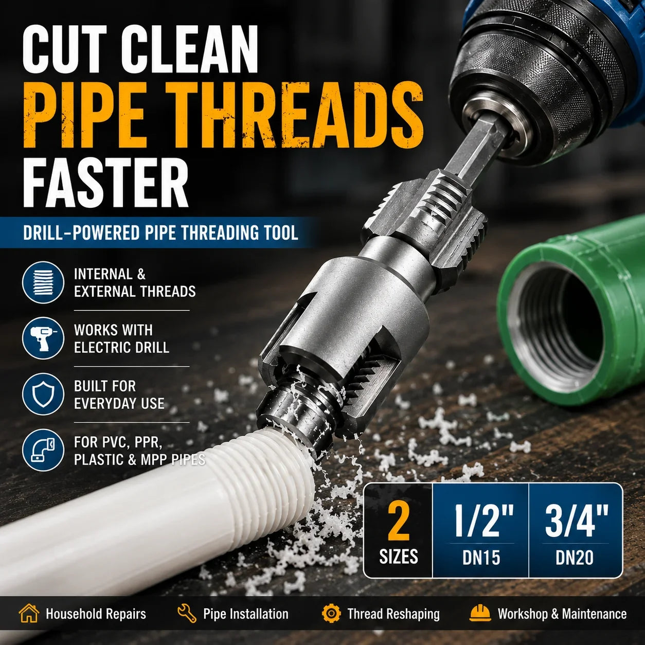 Purpose-Built Drill-Powered Pipe Thread Cutting Bit – Internal &