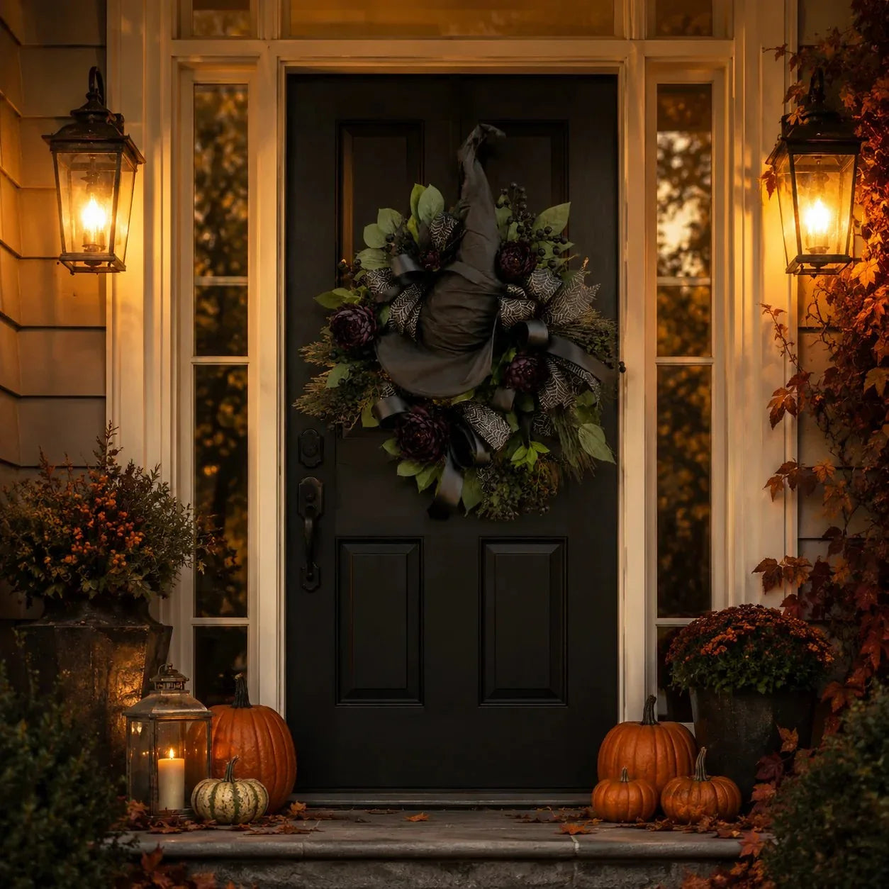 Distinctive Gothic Black Rose Witch Hat Wreath – Haunting Elegant