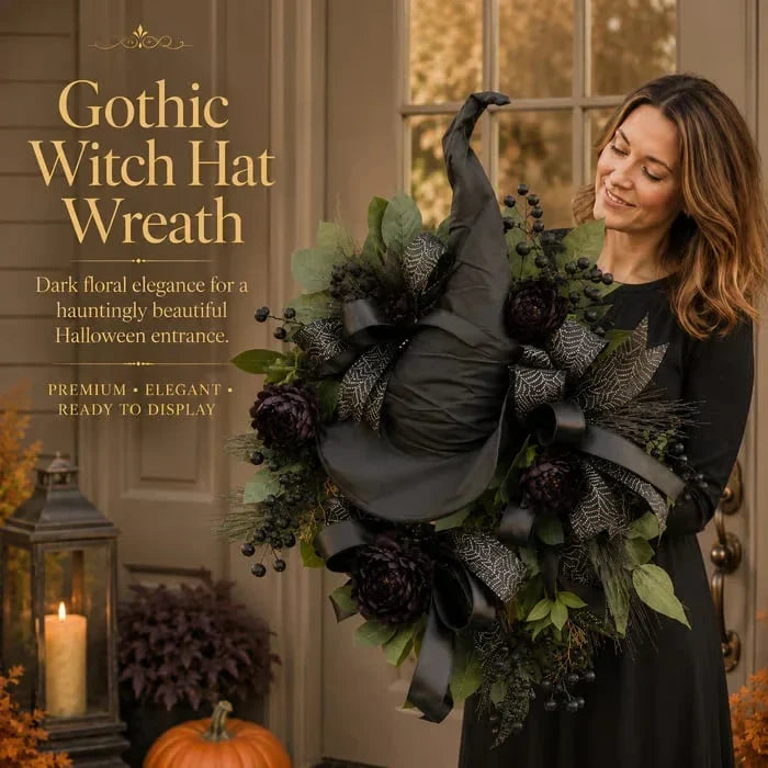 Distinctive Gothic Black Rose Witch Hat Wreath – Haunting Elegant