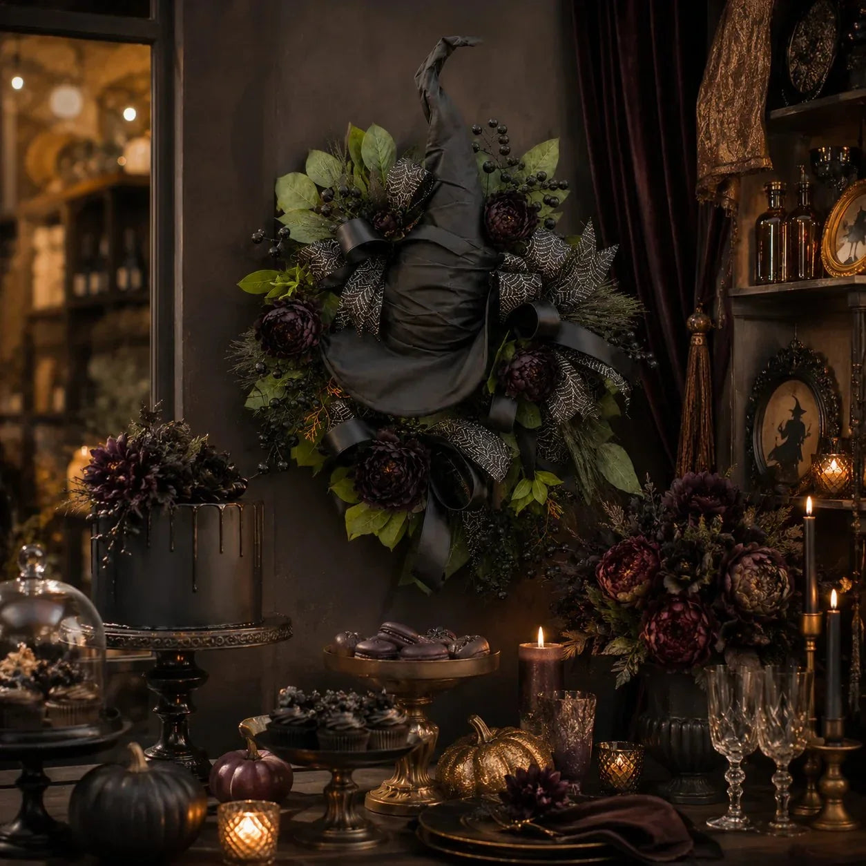 Distinctive Gothic Black Rose Witch Hat Wreath – Haunting Elegant