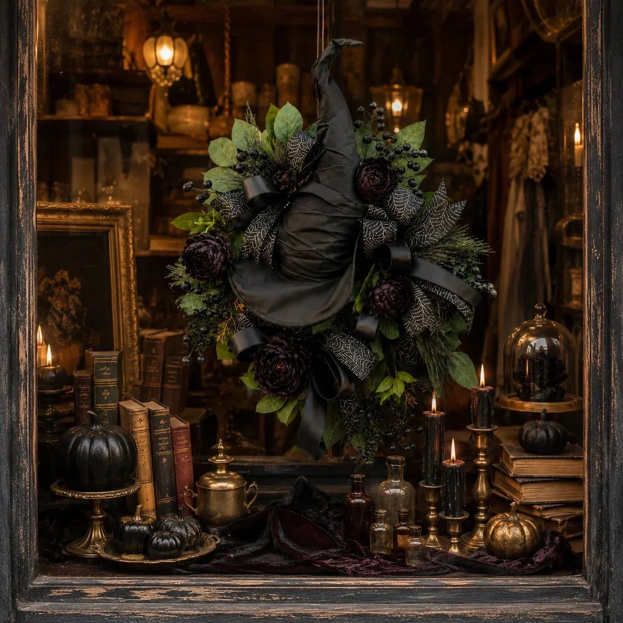 Distinctive Gothic Black Rose Witch Hat Wreath – Haunting Elegant