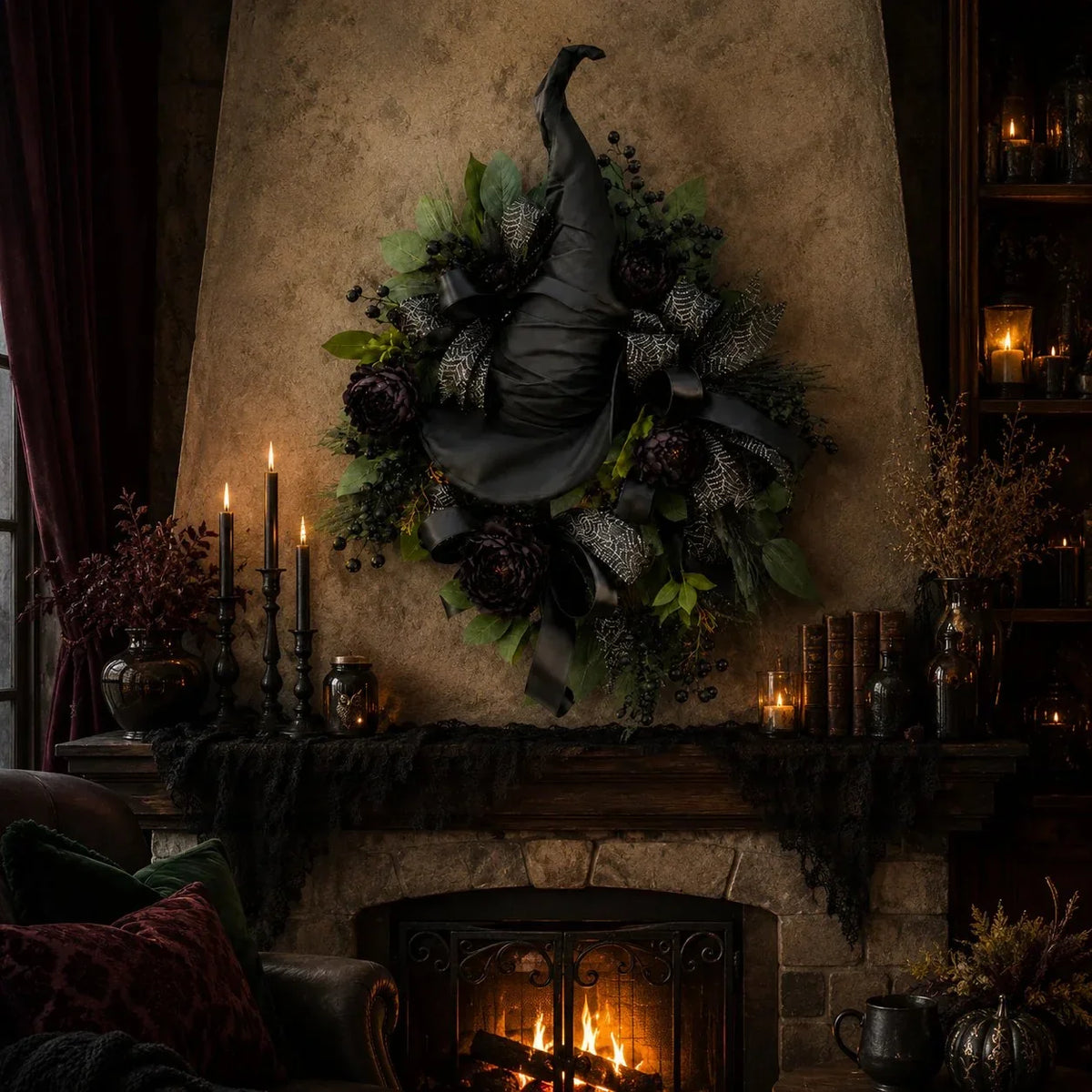 Distinctive Gothic Black Rose Witch Hat Wreath – Haunting Elegant