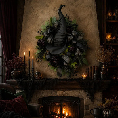 Distinctive Gothic Black Rose Witch Hat Wreath – Haunting Elegant