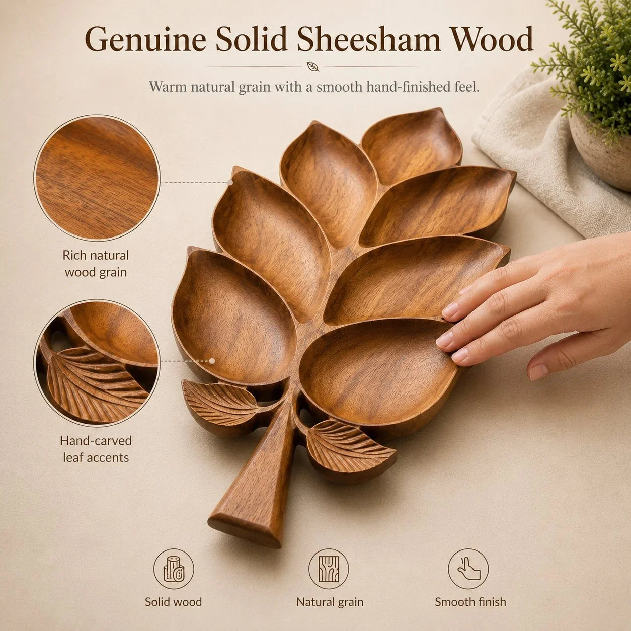 Vehicle-Ready Hand-Carved Solid Sheesham Wood Leaf Serving