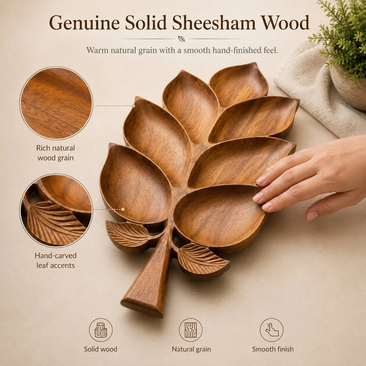 Vehicle-Ready Hand-Carved Solid Sheesham Wood Leaf Serving