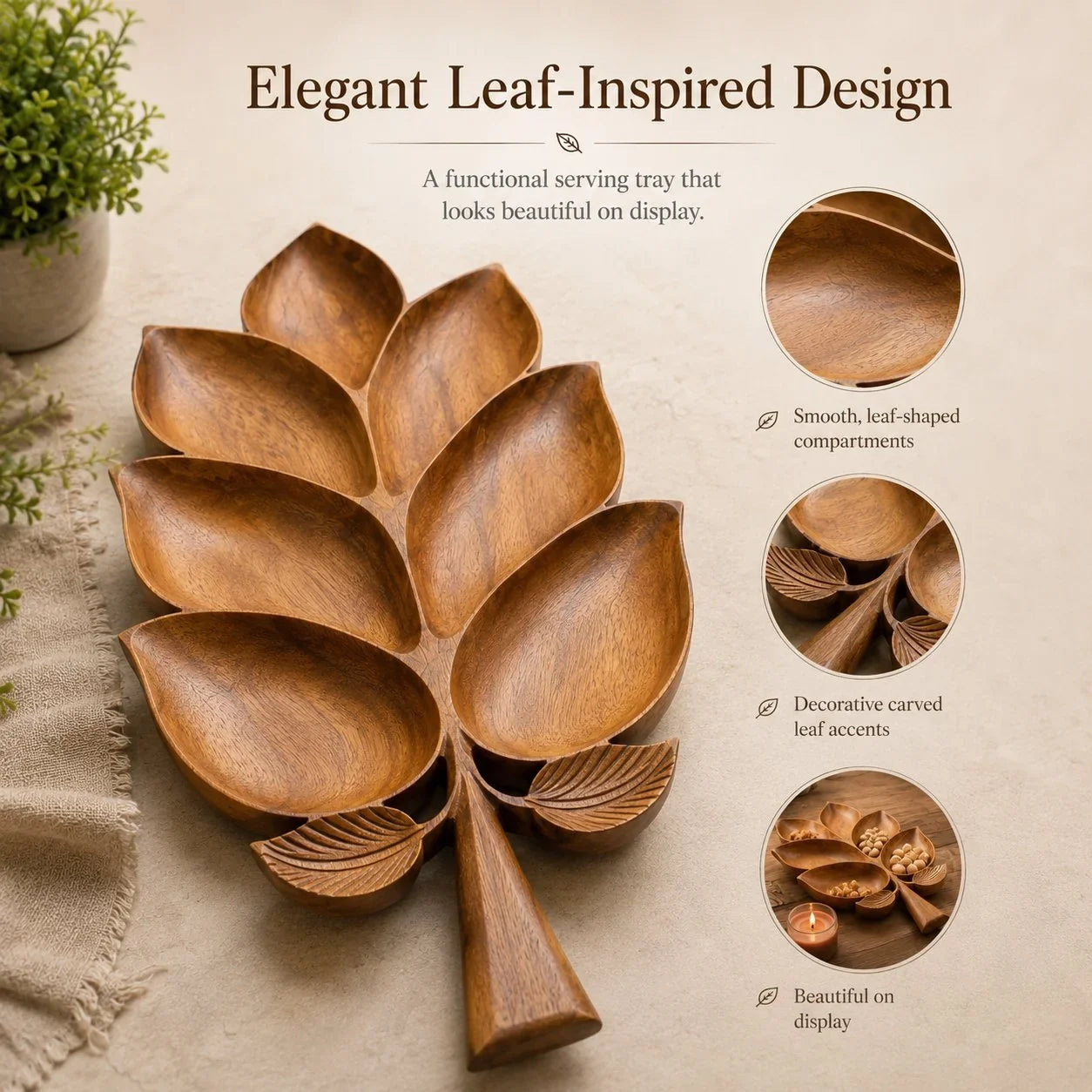 Vehicle-Ready Hand-Carved Solid Sheesham Wood Leaf Serving