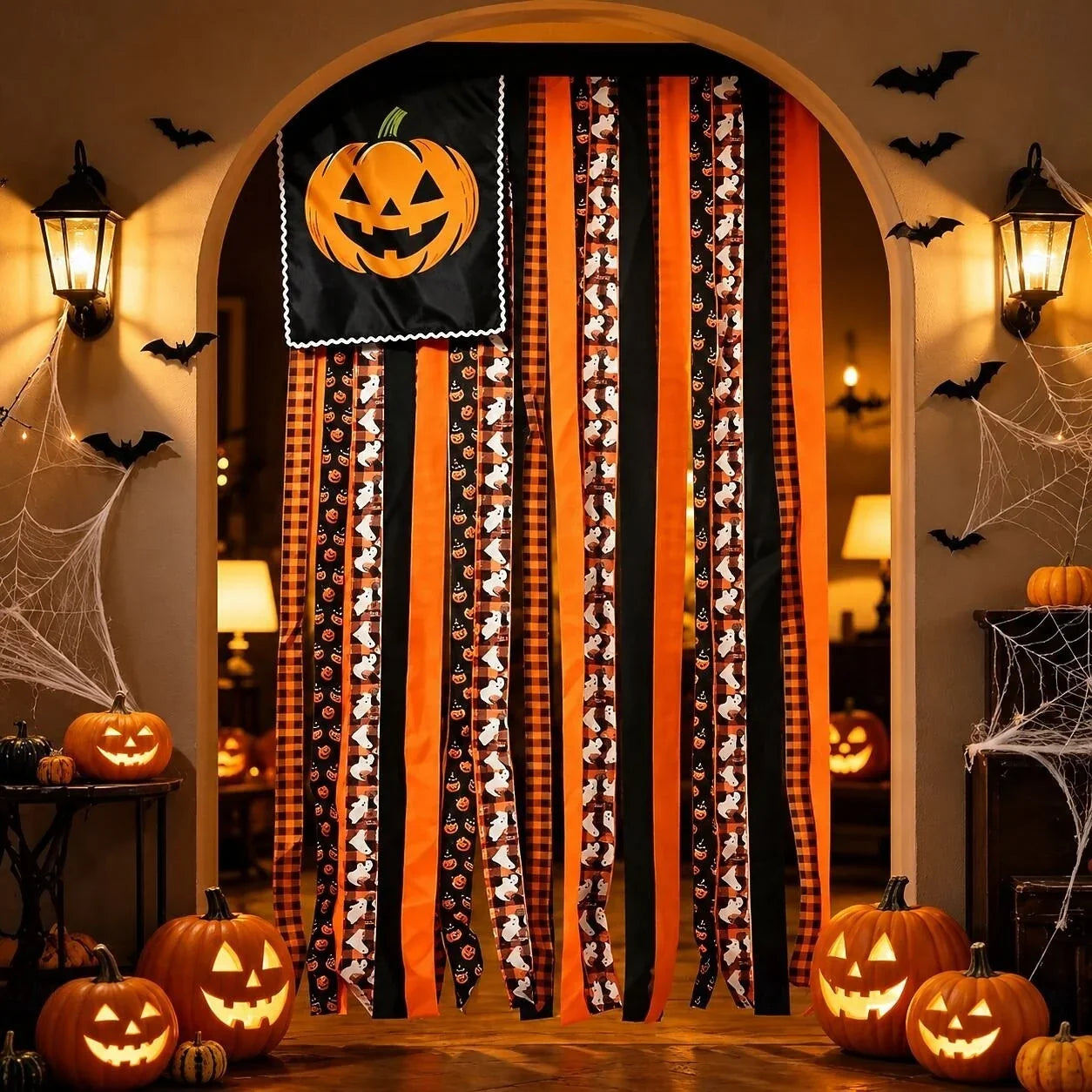 Purpose-Built Banner Flag Pre-Lit Pumpkin Fabric Ribbon Garland