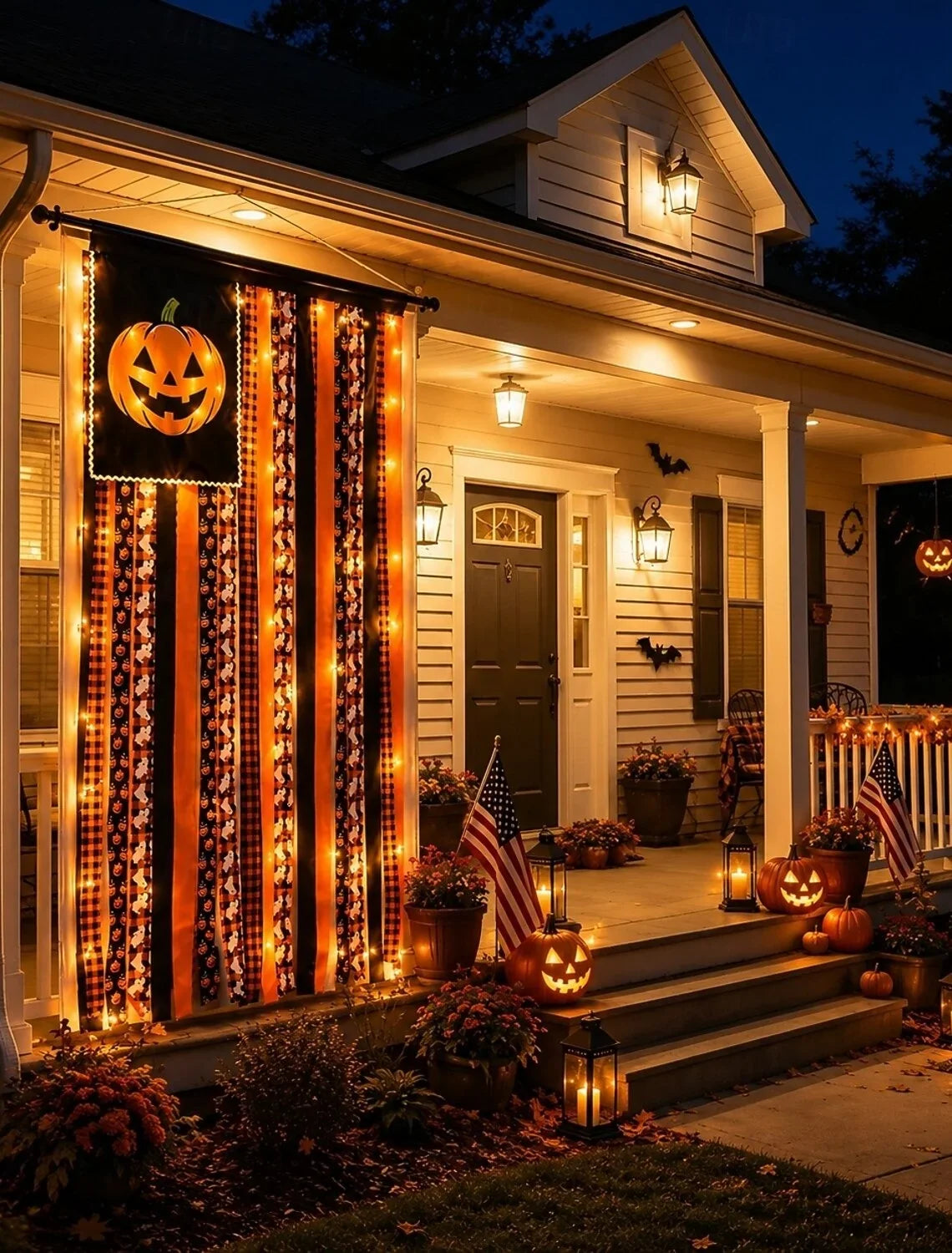 Purpose-Built Banner Flag Pre-Lit Pumpkin Fabric Ribbon Garland