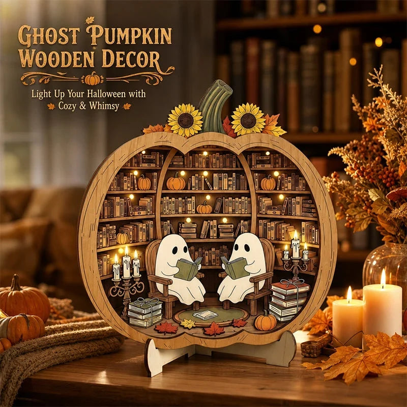 Purpose-Built Enchanting Ghost Pumpkin Decor – Cozy Wooden Tabletop