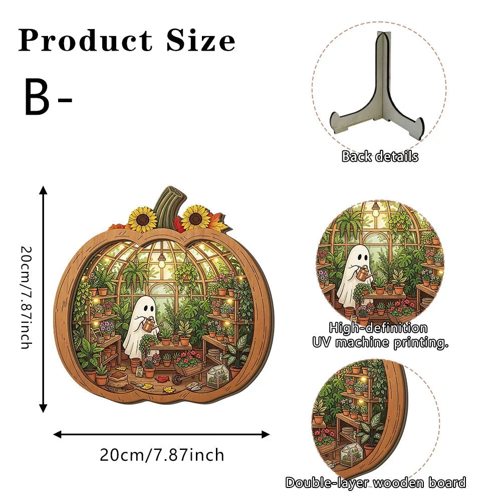 Purpose-Built Enchanting Ghost Pumpkin Decor – Cozy Wooden Tabletop