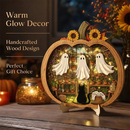 Purpose-Built Enchanting Ghost Pumpkin Decor – Cozy Wooden Tabletop