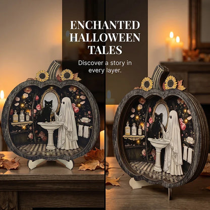 Purpose-Built Enchanting Ghost Pumpkin Decor – Cozy Wooden Tabletop