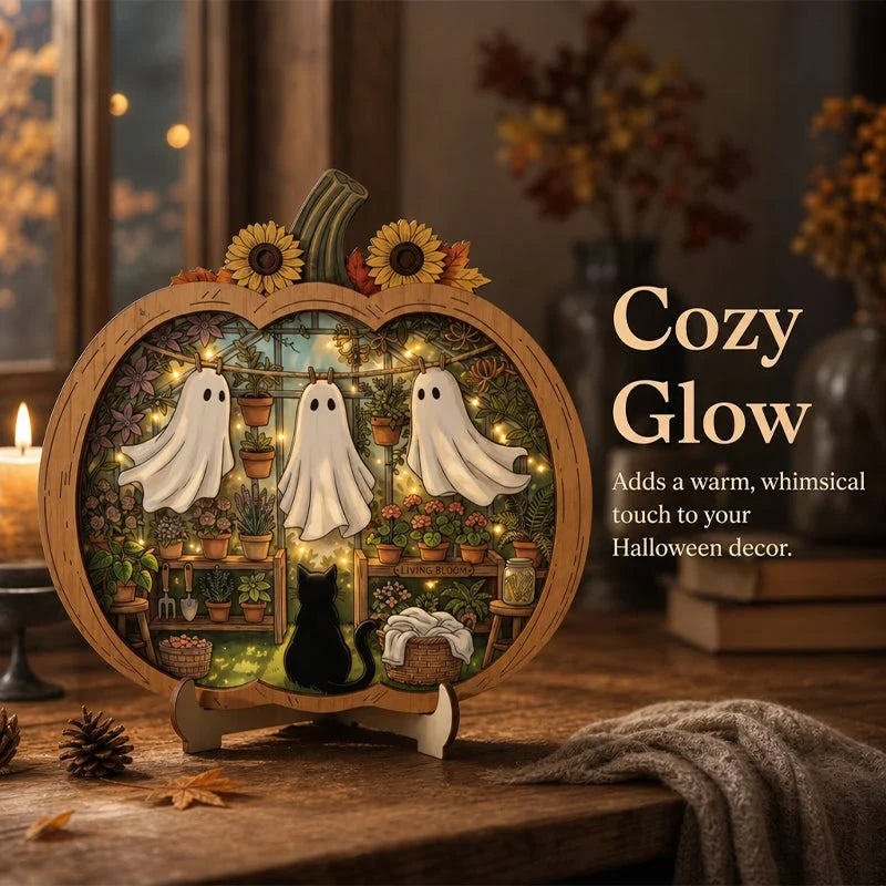 Purpose-Built Enchanting Ghost Pumpkin Decor – Cozy Wooden Tabletop