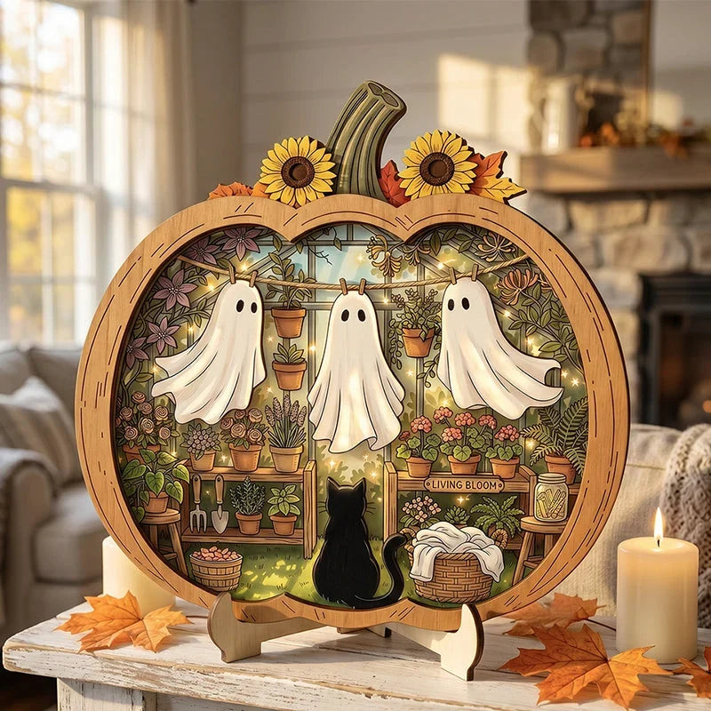 Purpose-Built Enchanting Ghost Pumpkin Decor – Cozy Wooden Tabletop
