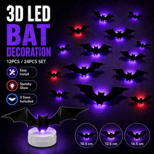 3D LED Bat Light Decorations in 12- or 24-Piece Sets