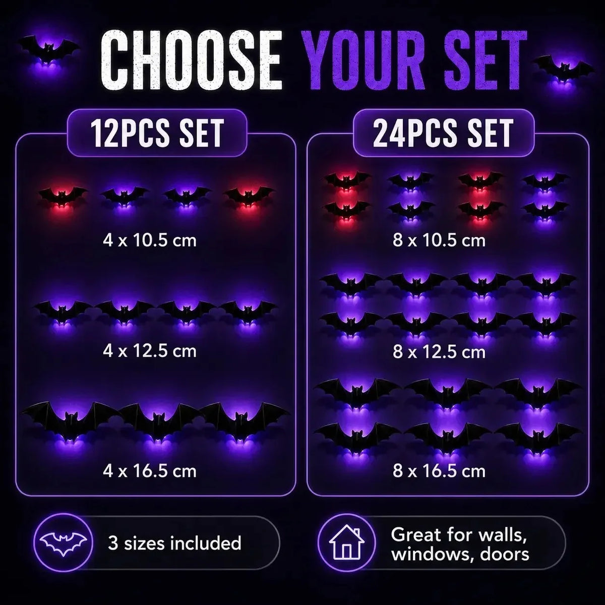 3D LED Bat Light Decorations in 12- or 24-Piece Sets