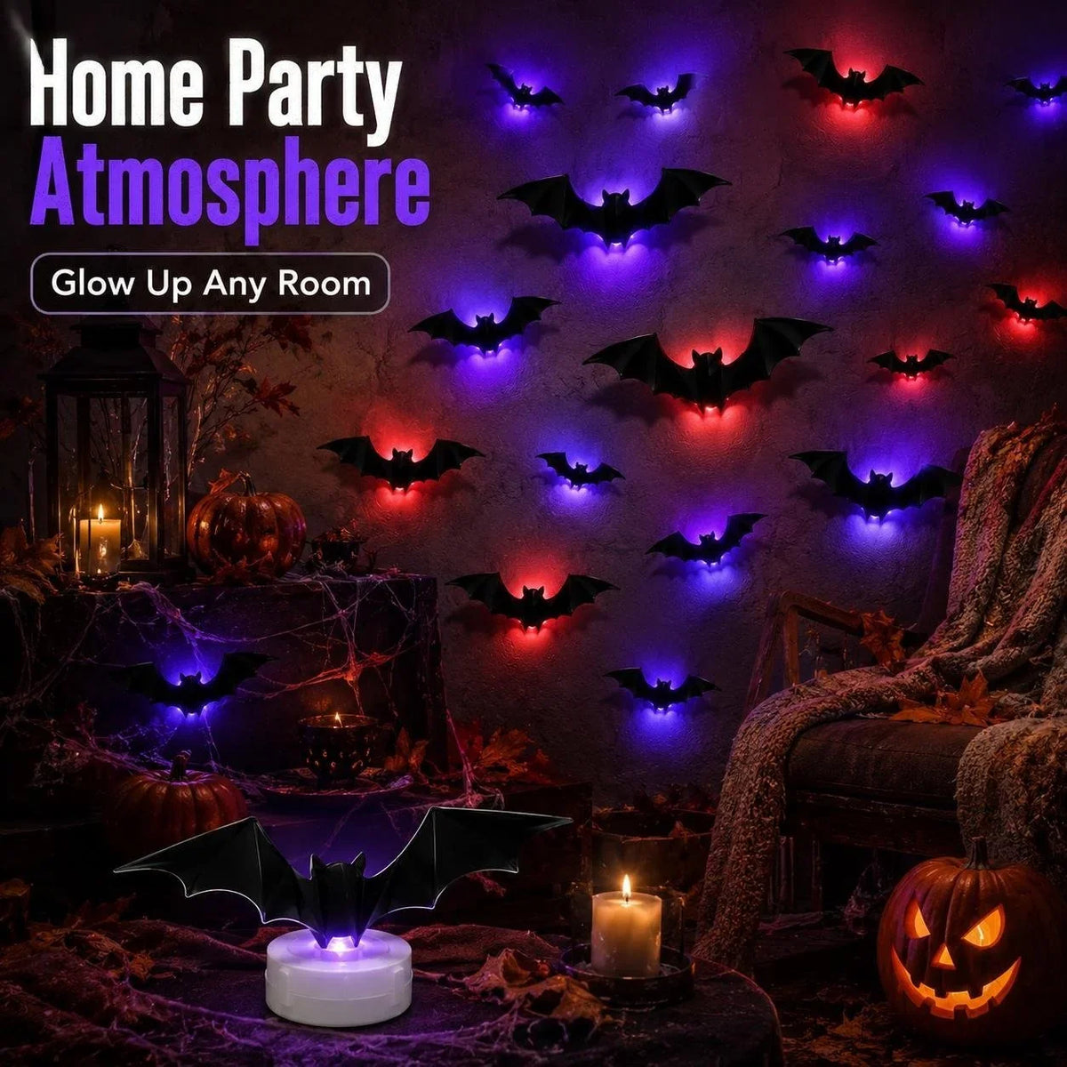 3D LED Bat Light Decorations in 12- or 24-Piece Sets
