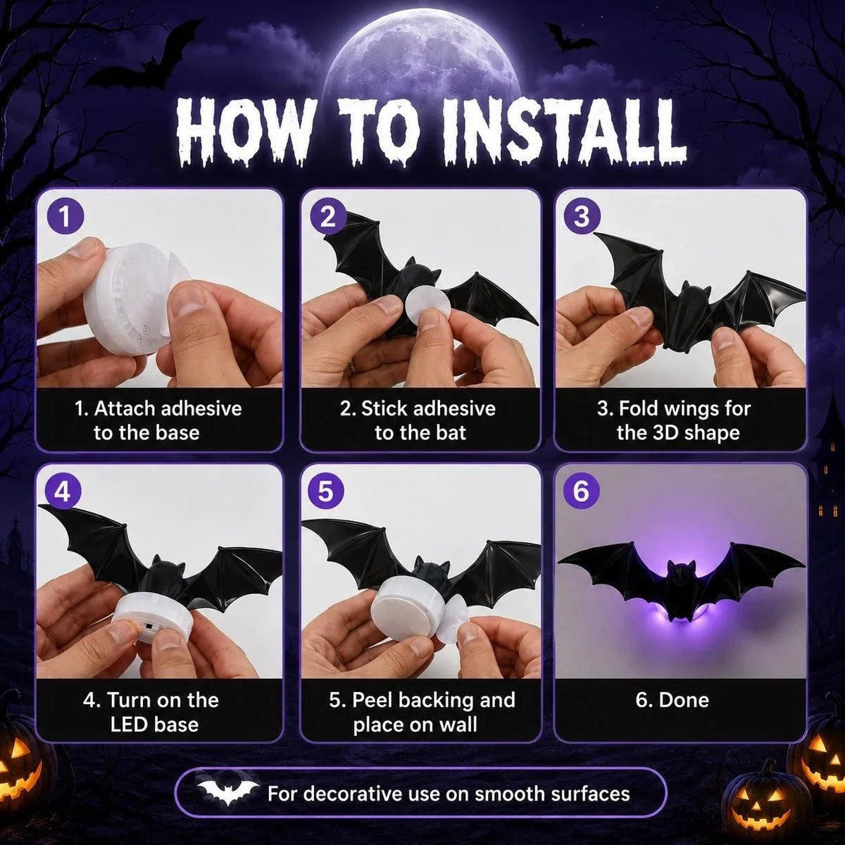 3D LED Bat Light Decorations in 12- or 24-Piece Sets