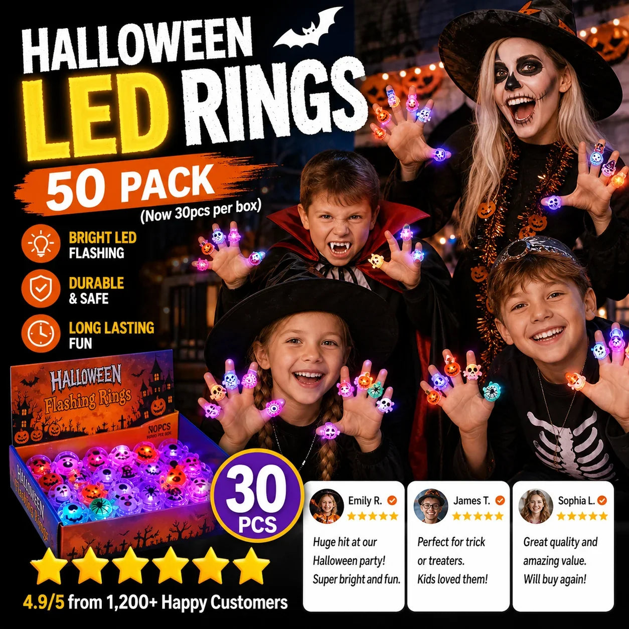 50-Piece LED Light-Up Ring Set for Parties and Night Events