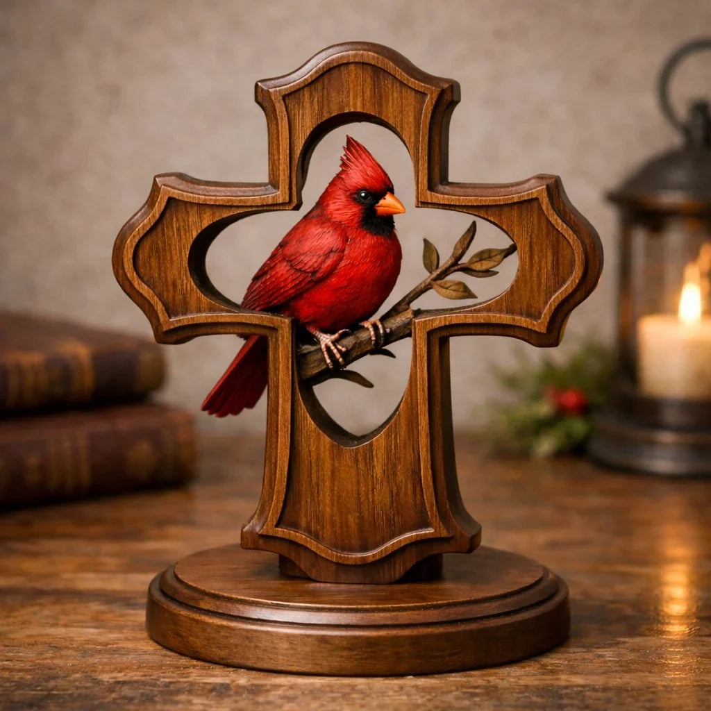 Vehicle-Ready Handcrafted Cardinal Cross Ornament for Garage Use