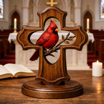 Vehicle-Ready Handcrafted Cardinal Cross Ornament for Garage Use