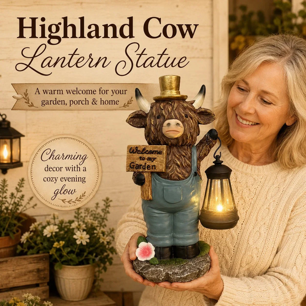 Solar Highland Cow Lantern Statue with Handcrafted Detail