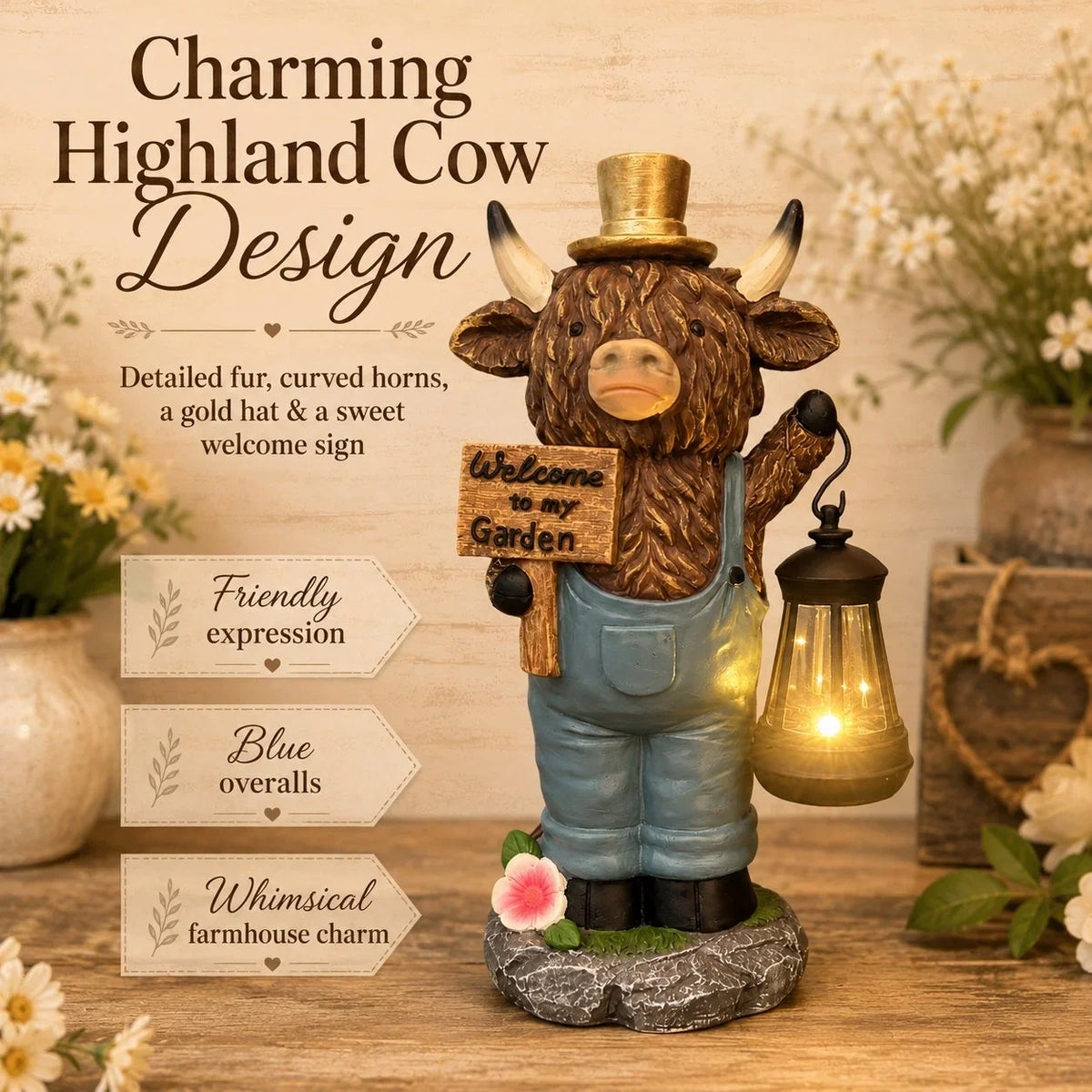Solar Highland Cow Lantern Statue with Handcrafted Detail