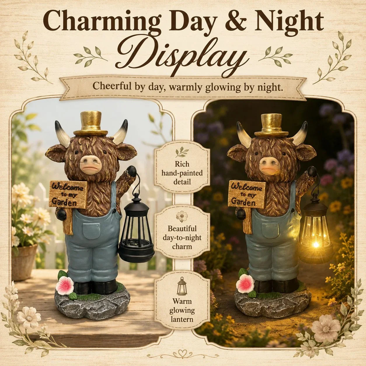 Solar Highland Cow Lantern Statue with Handcrafted Detail