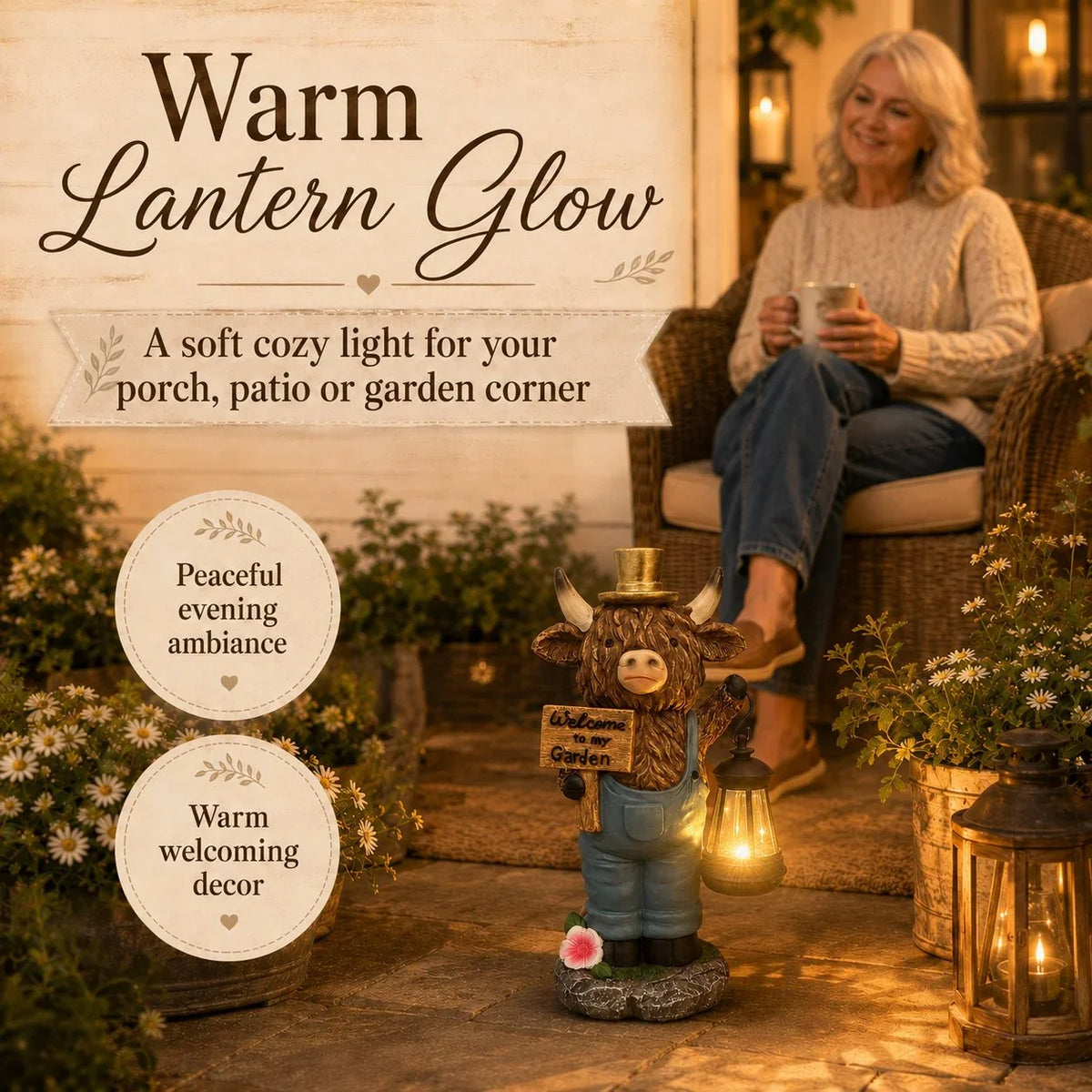 Solar Highland Cow Lantern Statue with Handcrafted Detail